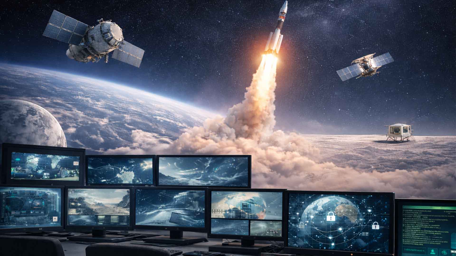 Tendencias de espacio y defensa hacia 2026 que muestran operaciones satelitales, sistemas de lanzamiento y control de misión