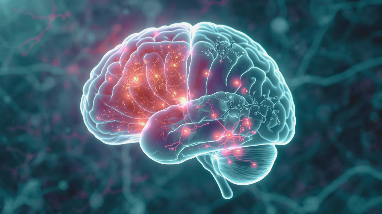 Illustration of a brain showing healthy neurons and deteriorated neurons in neurodegenerative diseases