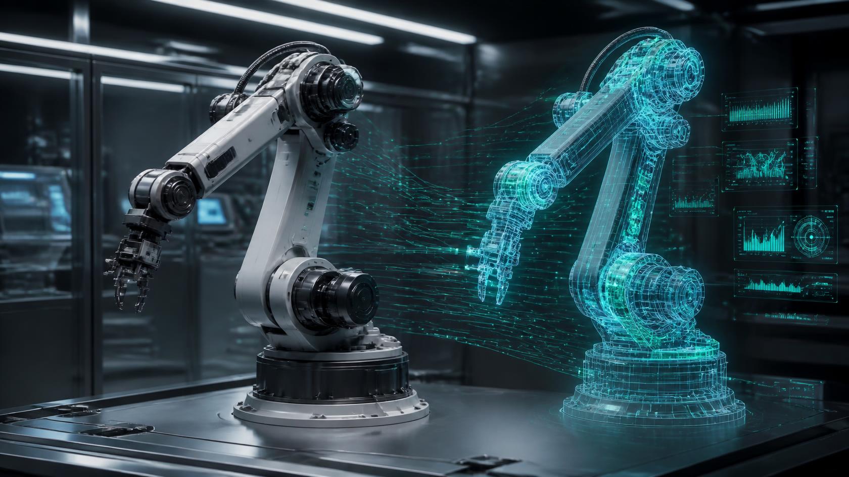 Digital twin of a robotic arm used to simulate and validate its behavior before physical deployment